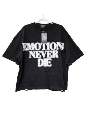 Emotions Never Die Graphic Tee Black 2XL Mixed Emotion Rhinestone  Oversized Fit